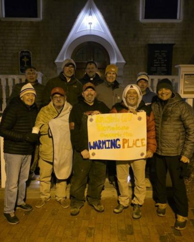 Knights of Columbus members take part in the “Go Homeless” fundraiser to support The Warming Place shelter on Nantucket.