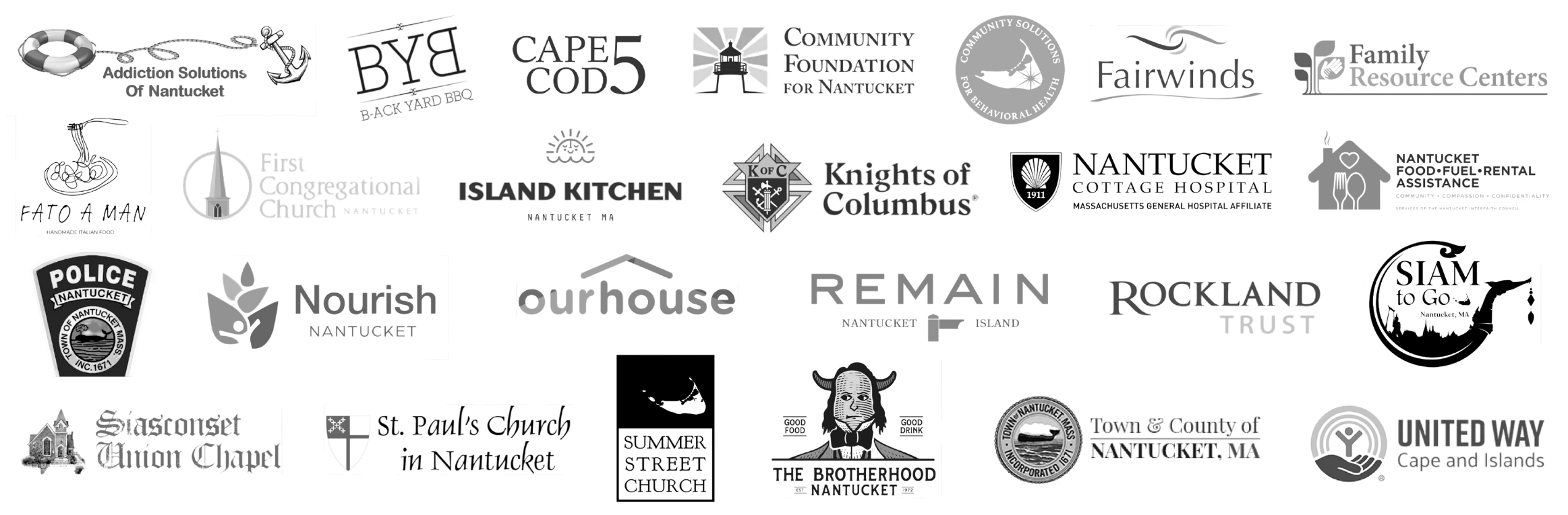 Logos of community partners supporting The Warming Place in Nantucket 2026